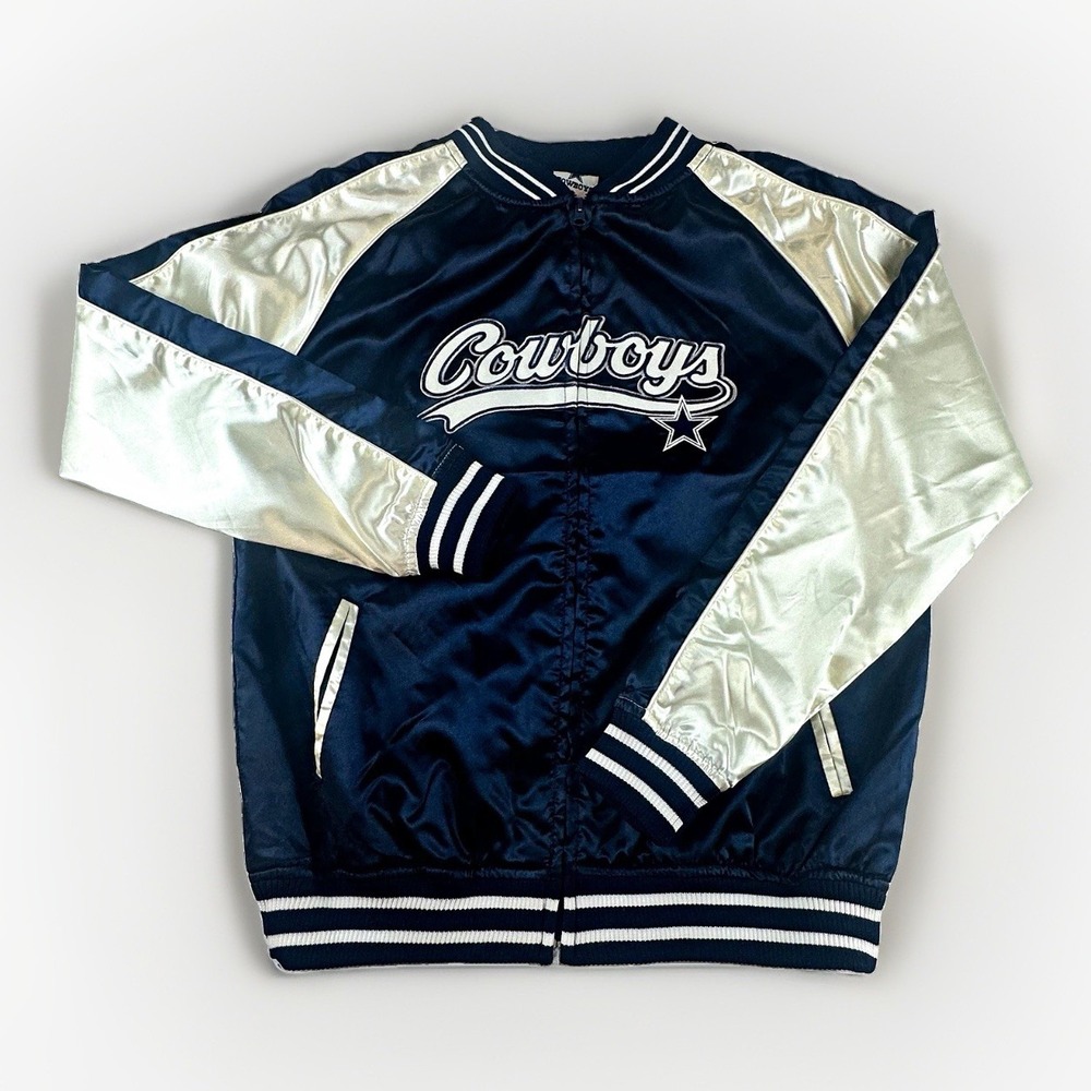 Dallas Cowboys Women's Small Satin Bomber Jacket Navy Silver NFL NWT Varsity